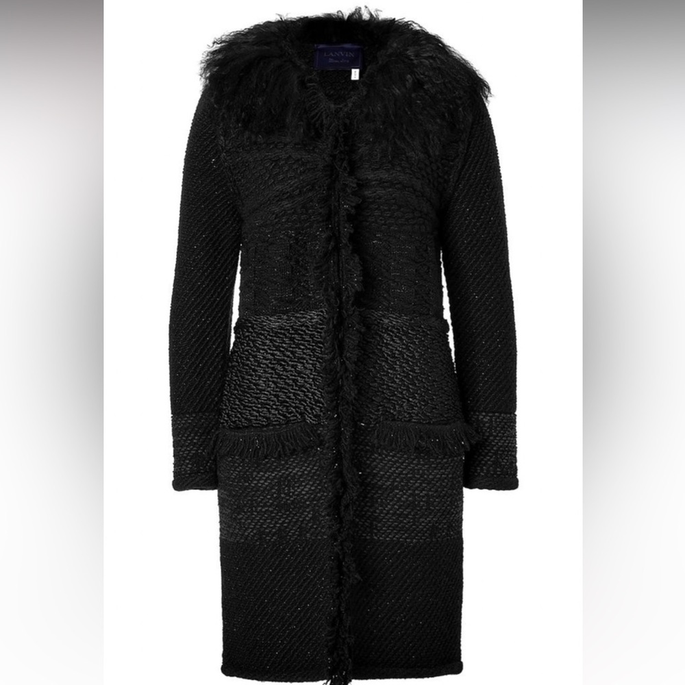 LANVIN
Wool-silk Cardigan Coat With Lamb Fur Collar